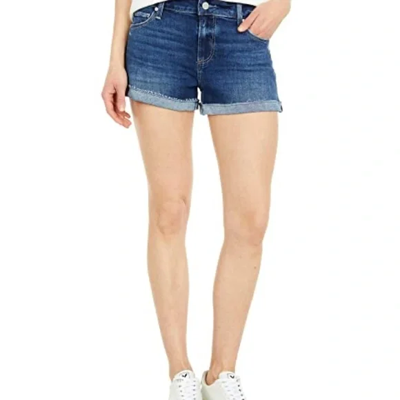 Paige Jimmy Jimmy Shorts Dark Wash Low Rise Raw Cuffed Hem Pre Faded & Feathered - Picture 11 of 11